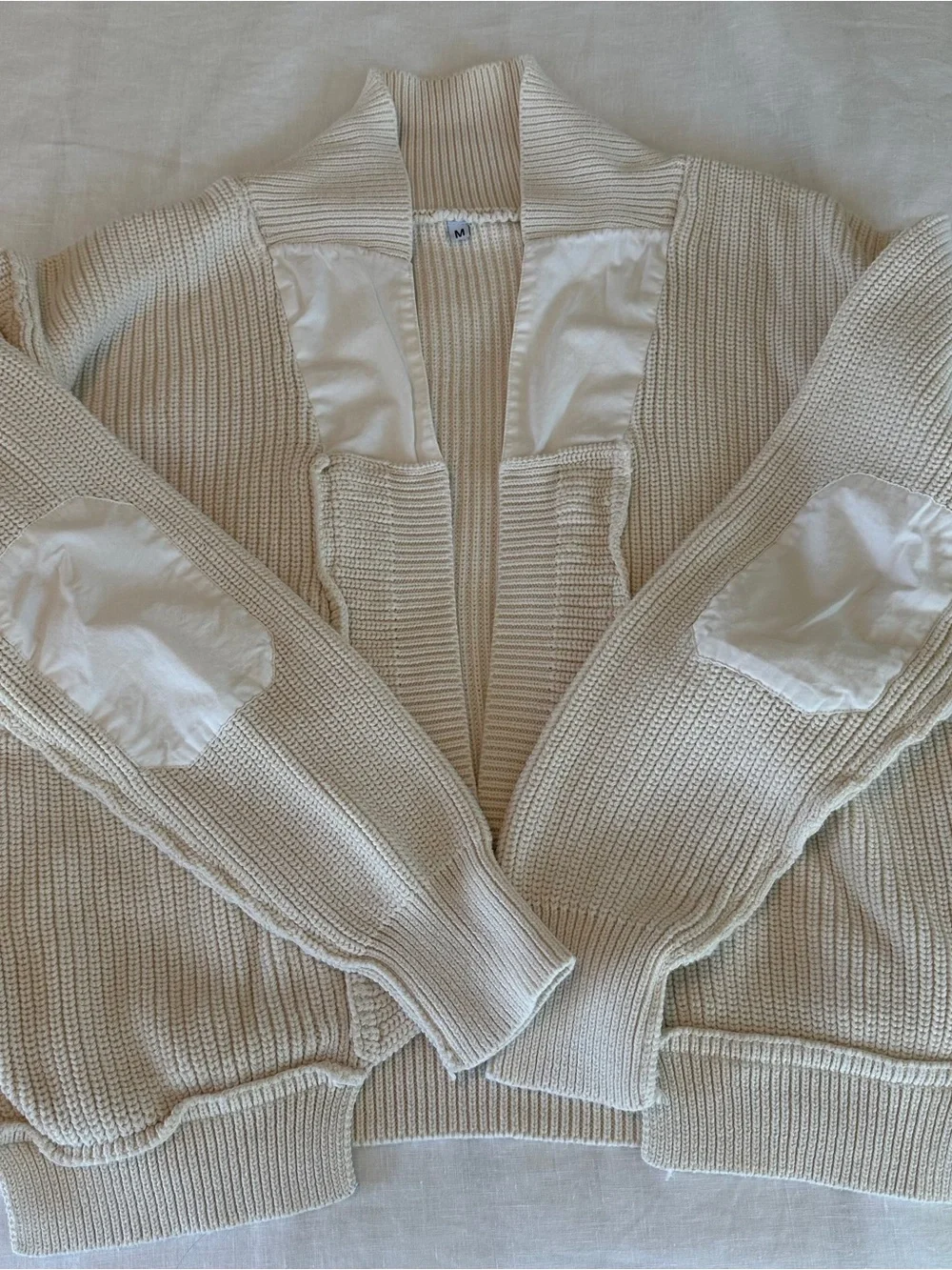 Off-white Open-Front Ribbed Knit Women's Cardigan Sweater with Elbow Patches - Picture 2 of 6